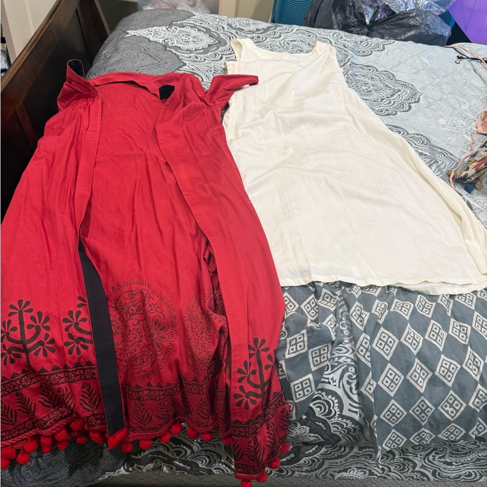 Red and White Sleeveless Dress Set